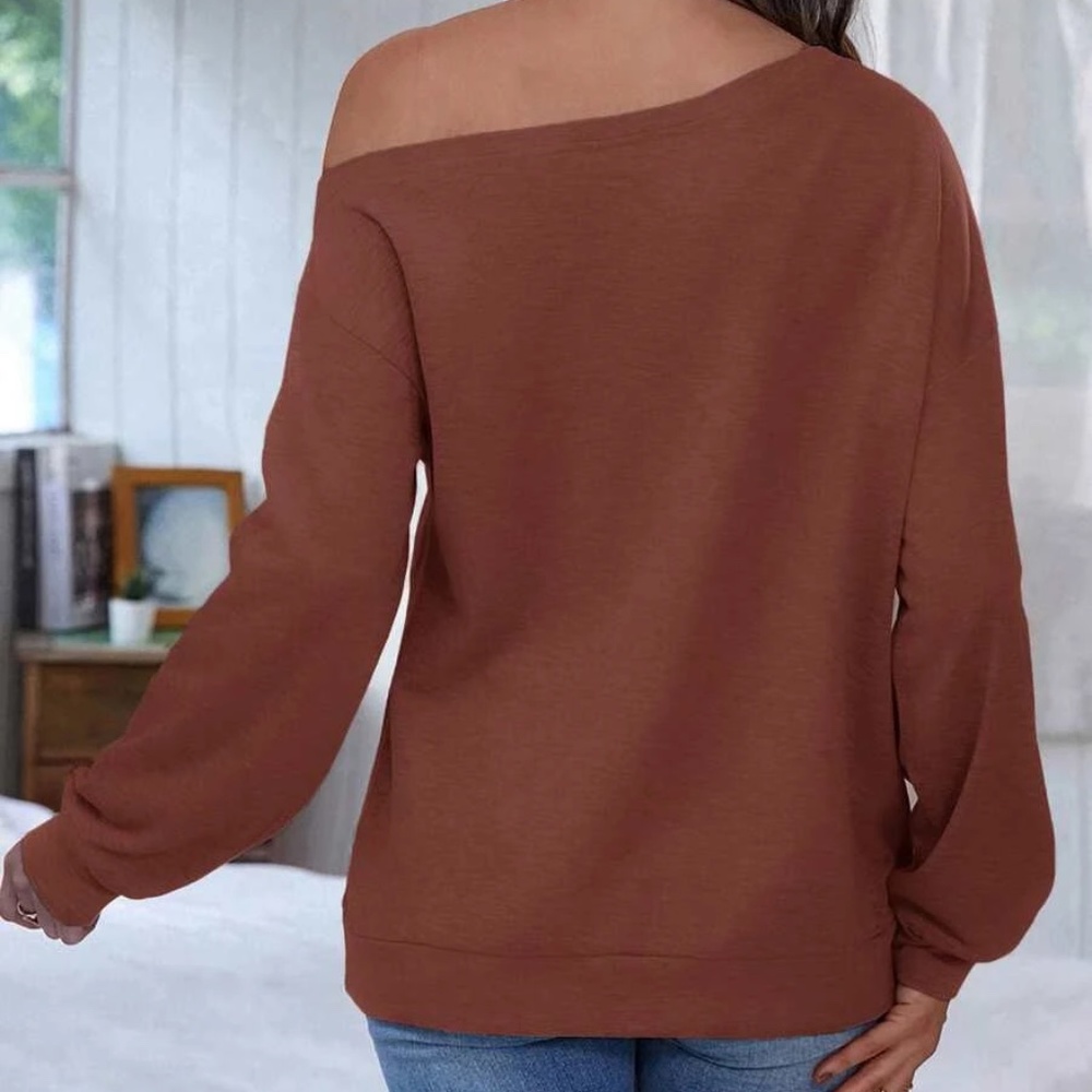 Cozy Rust Brown One Shoulder Pocket Oversized Sweater Top - Picture 15 of 15